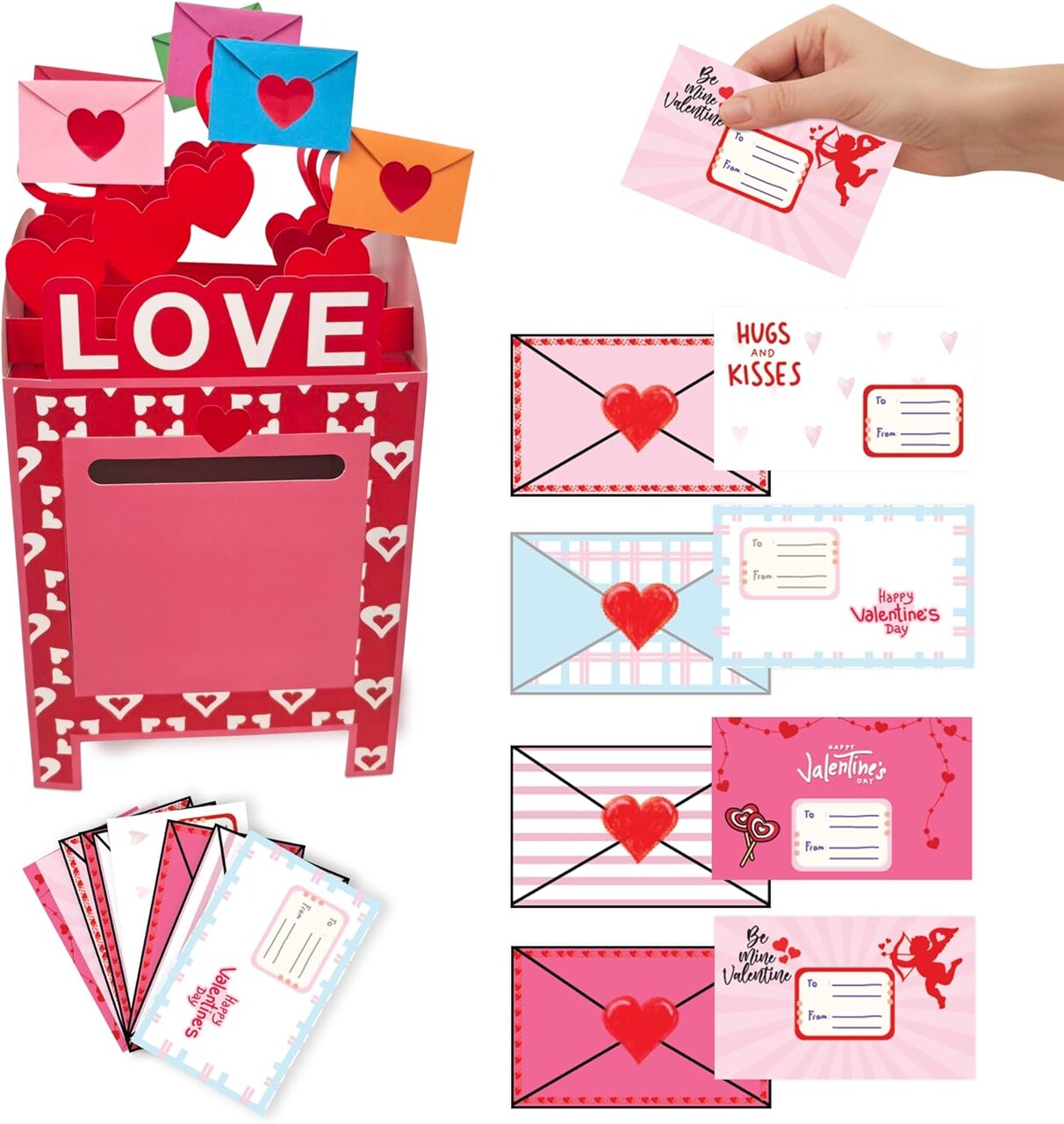 4E's Novelty 28 Pcs Valentines Mailbox with Cards for Kids - DIY Valentine Card Mailbox Envelope Design Box Kit Gift Party Favors with 28 Cards, Valentines Boxes for Kids Fun for Classroom Exchange